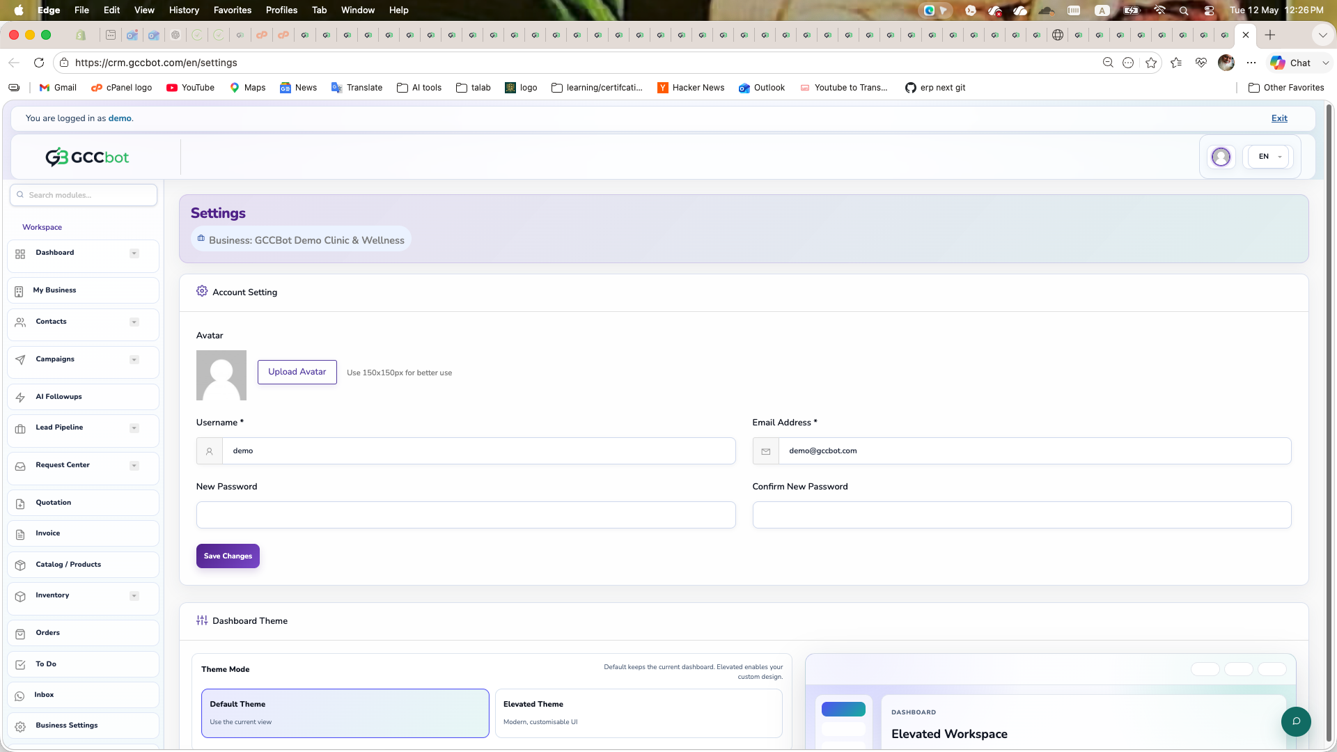 Account Settings dashboard screenshot
