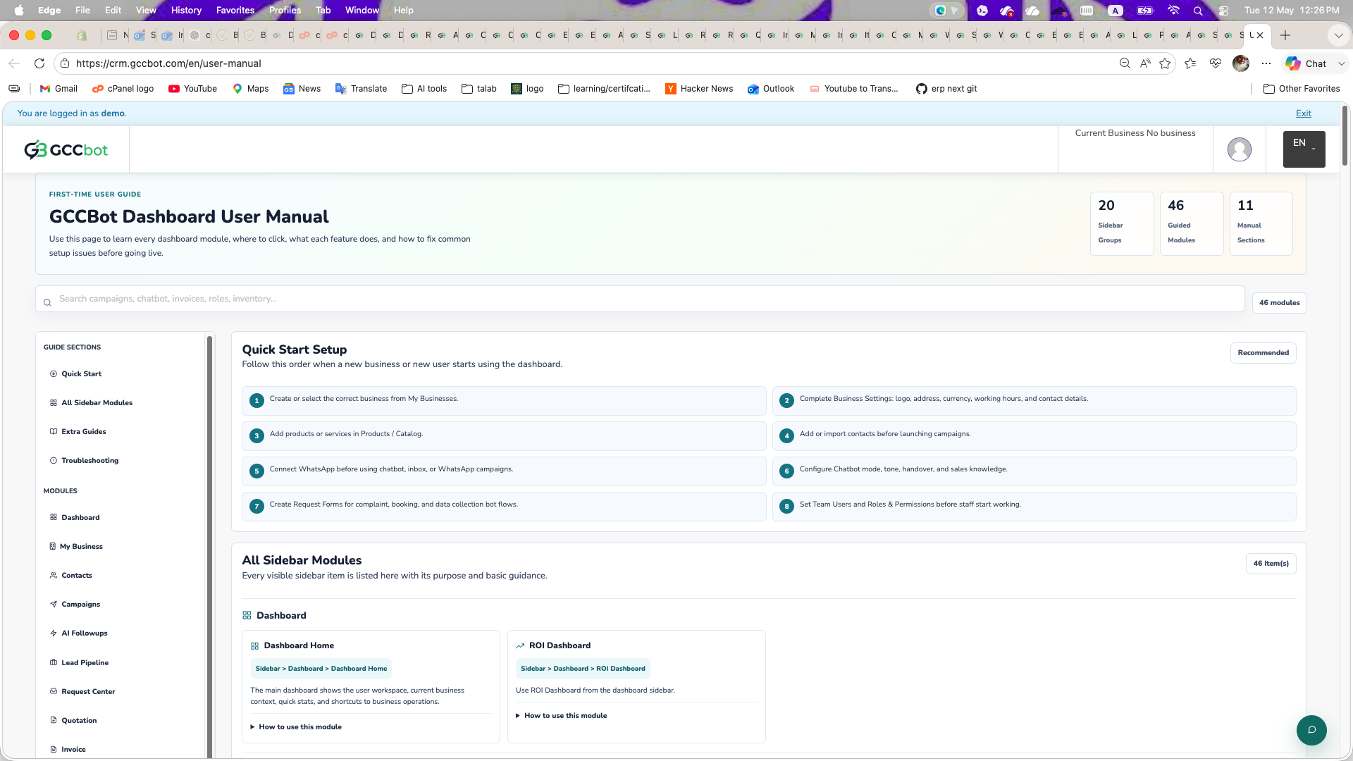 User Manual dashboard screenshot