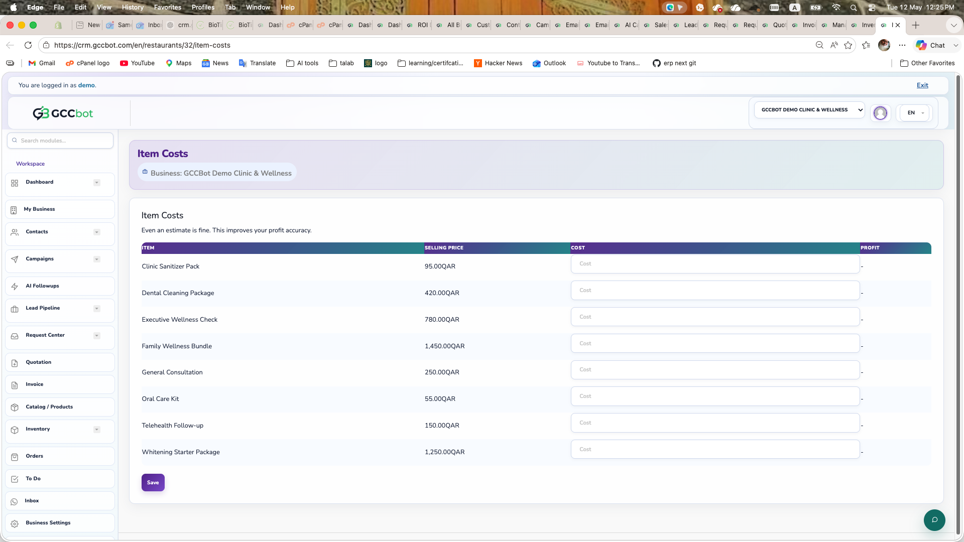 Item Cost / Costing dashboard screenshot