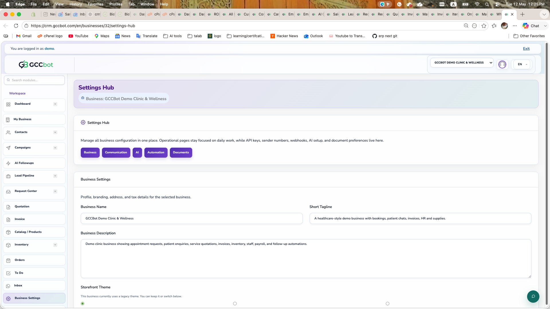Business Settings dashboard screenshot