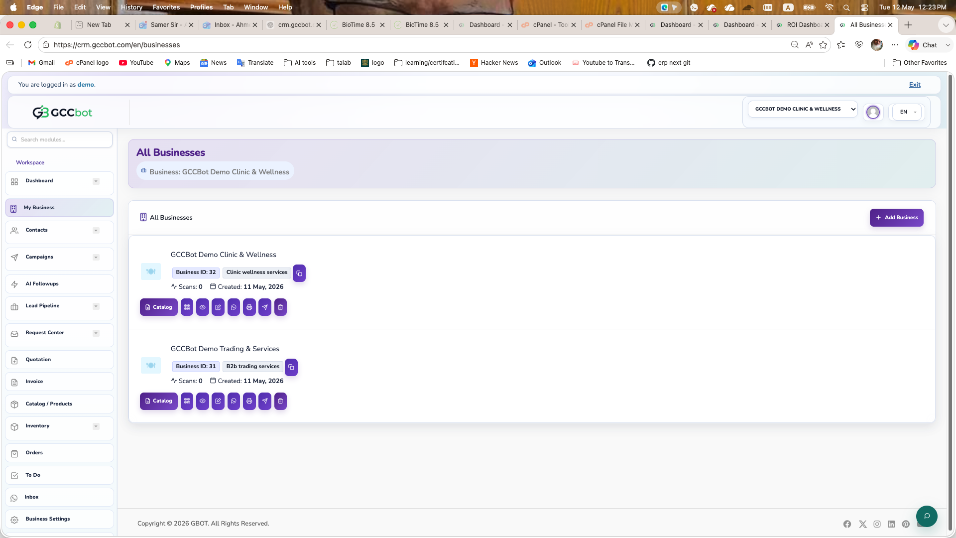 My Businesses dashboard screenshot